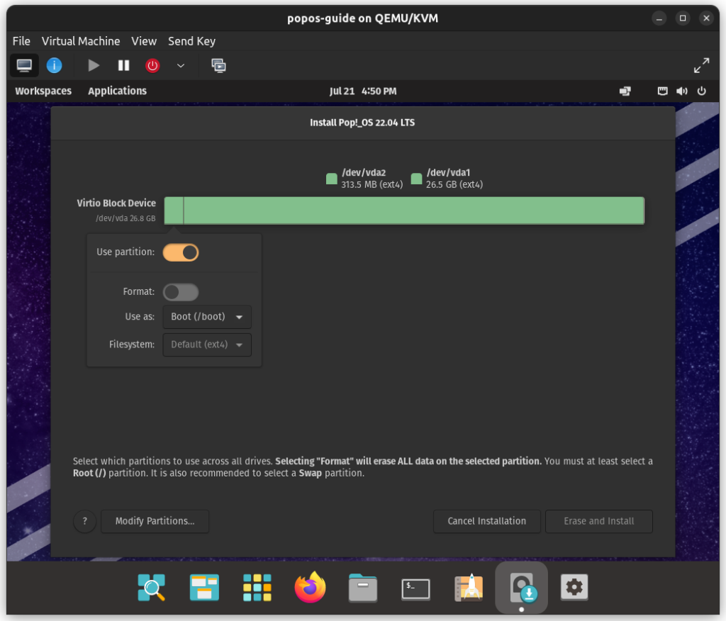 PopOS 22.04 Linux telepítés útmutató Particio-3-1024x876