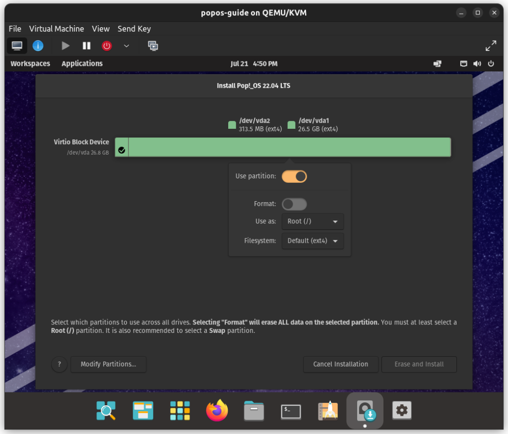 PopOS 22.04 Linux telepítés útmutató Particio-4-1024x876