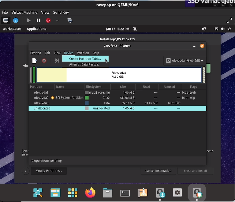PopOS 22.04 Linux telepítés útmutató Particio-csinalas